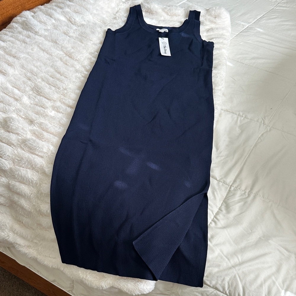 NWT Navy Ribbed Midi Dress Side Slit Minimalist Tank Dress ✨